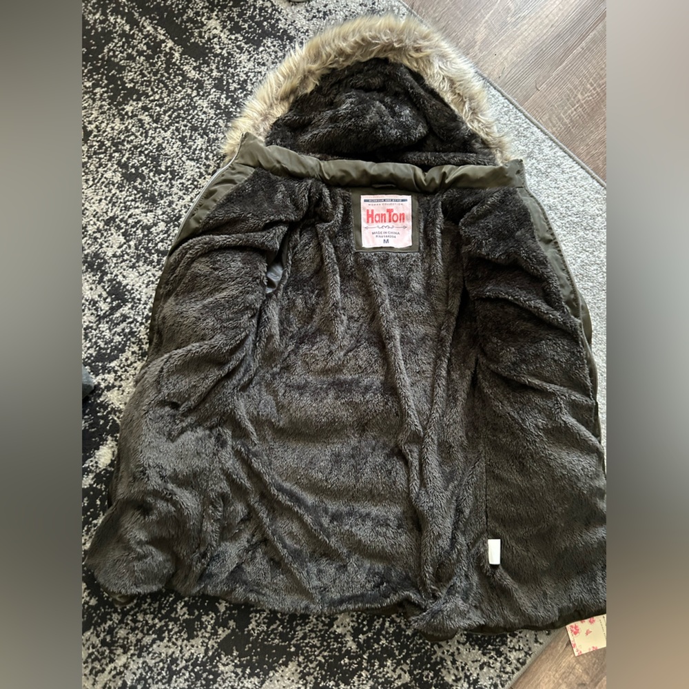 HanTon dark Olive Puffer Jacket with Faux Fur Hood - Picture 4 of 8